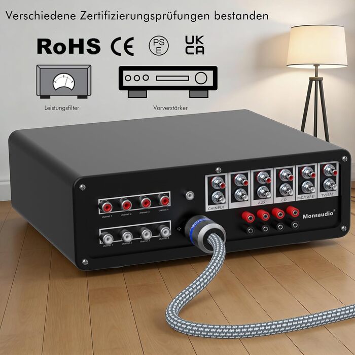 Hi-End мережевий кабель Monosaudio P902E6R 1,5м, 5,5qmm 4N OFC мідь, роз'єми Schuko та IEC C15 з родієвим покриттям, подвійне екранування для підсилювачів, DAC та сабвуферів