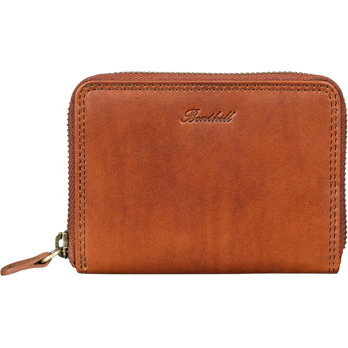 Benthill Wallet Women's Small Genuine Leather | Wallet with RFID Protection | Slim Flat Card Wallet with Zipper & 6 Card Slots, Color: Brown