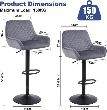 Ralex Velvet Bar Stools 2-Pack - Adjustable Swivel Bar Chairs with Backrest & Armrests for Kitchen, Bar & Counter (Gray)