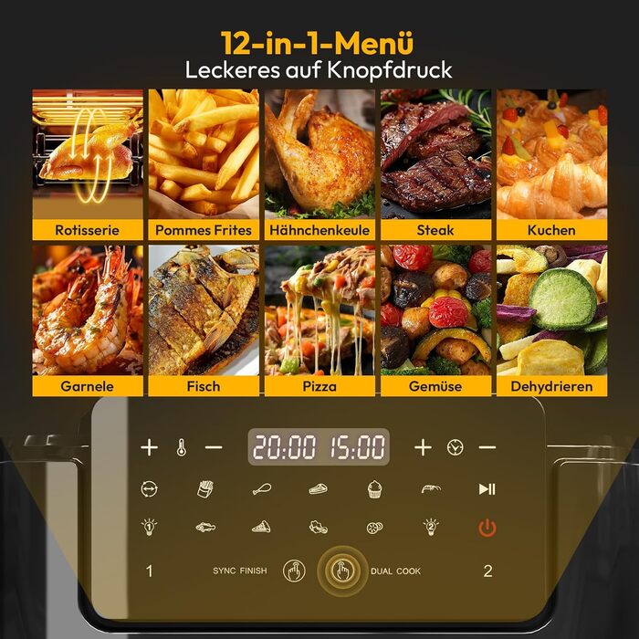 Фритюрниця повітряна LLIVEKIT 15L з 2 камерами, з оглядовим вікном, 2600W, 12-в-1, чорна, з таймером та 8 аксесуарами