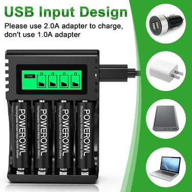 Акумулятори AA Powerowl 2800mAh NI-MH, 8 шт. з інтелектуальною зарядкою USB, 4 слоти, незалежні слоти