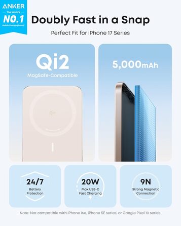 Powerbank Anker Nano: 5000mAh, Qi2, 15W, MagSafe, Золотий