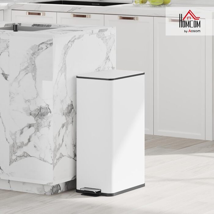 Сміттєвий відер HOMCOM на 20 л з педаллю та м'яким закриттям кришки (Soft-close), нержавіюча сталь, білий, 21.5 x 37.2 x 57 см