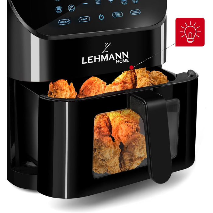Фритюрниця повітряна LEHMANN з 2 камерами, 2400 Вт, AirFryer XXL, 12 програм, до 200°C, WiFi, 8л, чорний колір, з оглядовим вікном