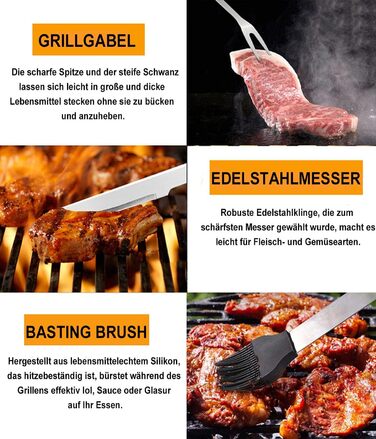 Набір гриль-посуду з нержавіючої сталі 20 предметів: щипці, лопатка, фартух для барбекю, кемпінгу та відпочинку на природі