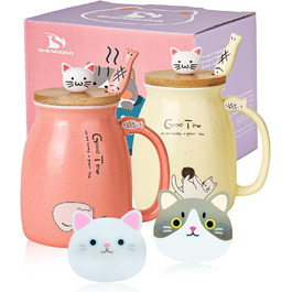 SHENDONG 2-Pack Cat Cups Cute Ceramic Coffee Mugs Set of 2 with Bamboo Lid and Spoon Novelty Morning Cup Coffee-Milk Tea Cups 3D Animal Cat Cups for Cat Lovers Gifts