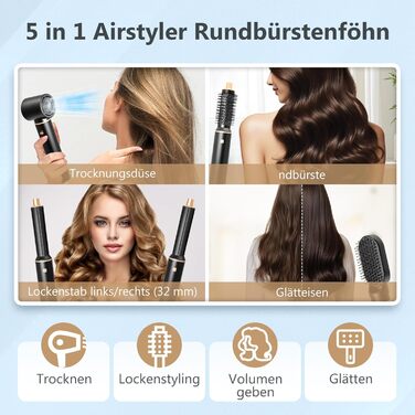 RUIZHI Airstyler 5 в 1: Фен-щітка для волосся з 5 насадками, 110000 обертів/хв, 3 температурні режими, для об'єму, локонів та випрямлення волосся