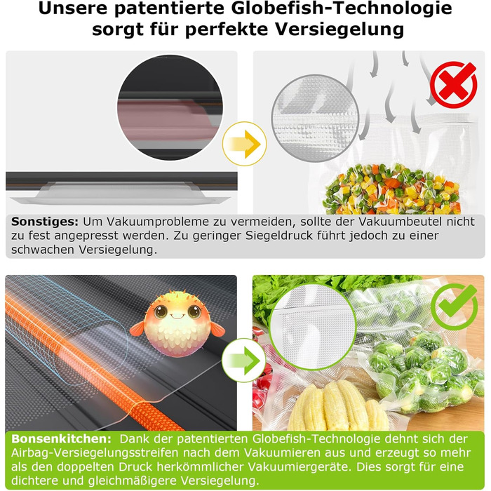 Вакуумний пакувальник Bonsenkitchen 15л/хв, з ручкою та вбудованим ножем, комплект з 2 рулонами, сертифікат екологічності