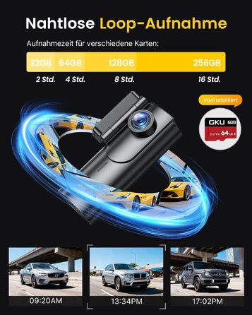 Автомобільний відеореєстратор GKU 4K+1080P (передній та задній), 5GHz WiFi, з карткою пам'яті 64GB, глянцевий чорний