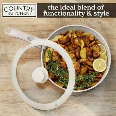 Набір посуду Country Kitchen 13 предметів: каструлі та сковороди з антипригарним покриттям, знімний ручка, для кухні, кемпінгу, духовки (кремовий)