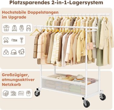Подвійний мобільний вішак для одягу з кошиком для білизни, металевий (110 кг), білий - міцний вішак для пальт, суконь, светрів