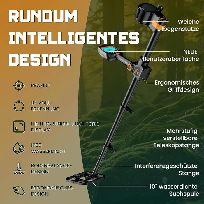 Металодетектор професійний для дорослих та дітей – вологостійкий, з LCD-дисплеєм та 10-дюймовою котушкою, бездротовий, складний, з акумулятором 2000mAh – високоточний металошукач (Оранжевий)
