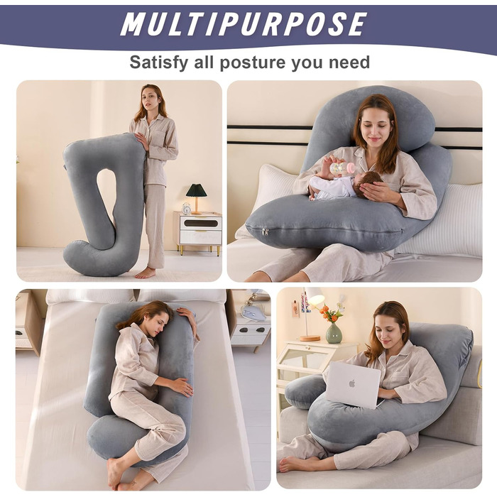 Подушка для вагітних Otauoaea J-подібної форми, подушка для годування XXL, подушка для сну на боці, 145x70 см (велюр, сірий)