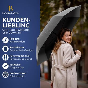 Logan & Barnes Chicago Stormproof Umbrella - Large 2-Person Umbrella with Wooden Handle - Grey