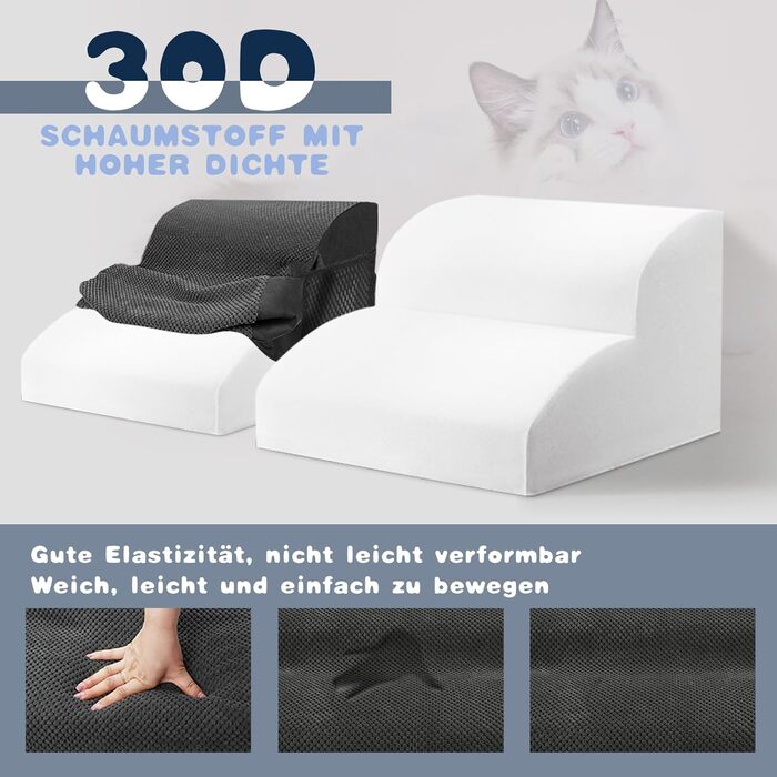 2-Step Dog Stairs, 40cm Cat Stairs with Washable Cover, Dog Stairs for Small Dogs, Pet Stairs for Dogs and Cats, Cat Stairs for Senior Cats, Black