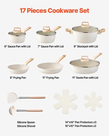 Набір посуду VEVOR індукційний 17 предметів з кришками, антипригарне покриття, для плити, кухні, кемпінгу - білий