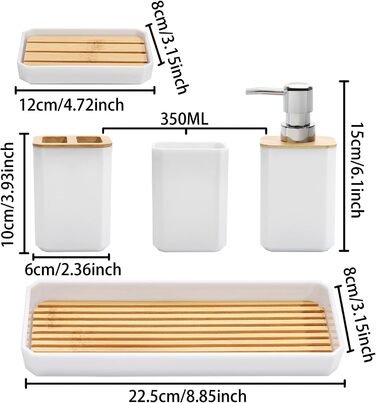 Набір аксесуарів для ванної кімнати FEILANDUO, 5 шт: дозатор для мила, мильниця, тримач для зубних щіток, стакан для води, піднос для косметики, Бохо, сучасний дизайн (білий)