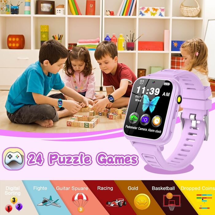 Смарт-годинник Clleylise для дітей 4-12 років: ігри, музика, камера, лічильник кроків, телефонні дзвінки (фіолетовий)