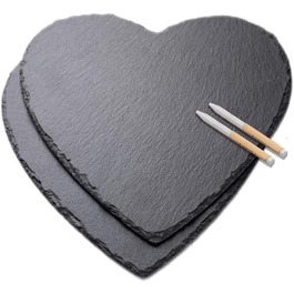 Slate Serving Tray Heart 2-Piece Set, Slate Heart 25 cm with Chalk, Slate Cheese Board Heart Plates, Ideal for Serving and Decoration
