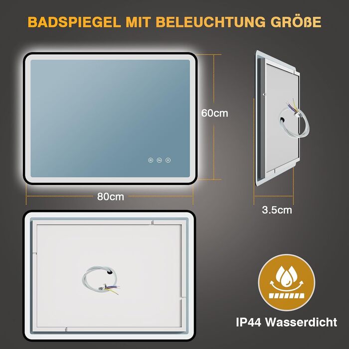 Дзеркало для ванної кімнати з підсвічуванням 80x60 см, 3 кольори, регульована яскравість, антизапар, 3x збільшення, розетка для гоління, IP44, для горизонтального/вертикального монтажу