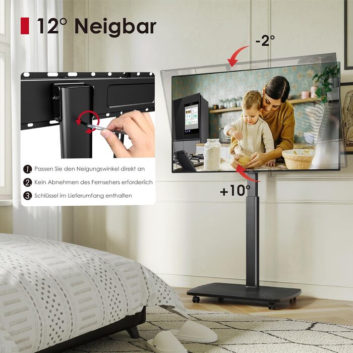 AOKCOS Rolling TV Stand with Shelf - Adjustable Height & Swivel - Fits 43-75 inch TVs (up to 50kg) - VESA 600x400mm - White & Natural Wood Finish