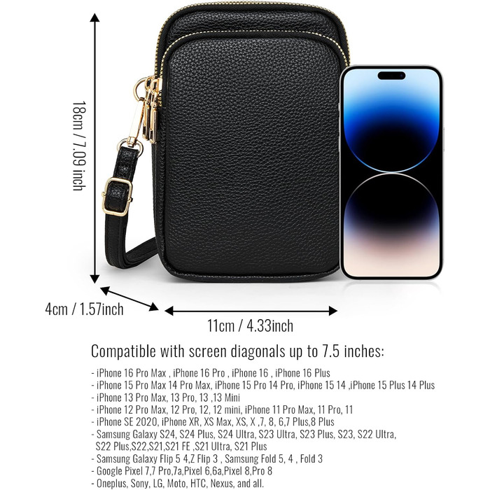 Сумка жіноча Mini Tasche на плече для телефону: кросбоді, гаманець, для iPhone 16 Pro Max/Samsung/Xiaomi до 7.5' - чорна
