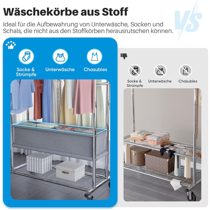 HOKEEPER Clothes Rack with Shelves, 450 kg Capacity, Rolling Clothes Rack, Portable Clothes Hanger, Chrome (D005)
