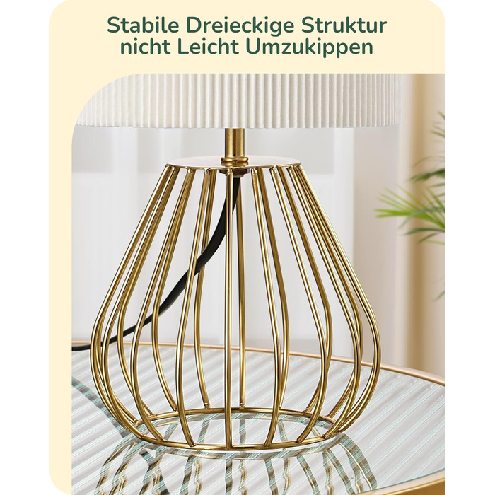 EDISHINE Настільна лампа, сучасний індустріальний дизайн, цоколь E14, вінтажна, для спальні та вітальні, бежево-чорна (кремово-білий плісе + золото)