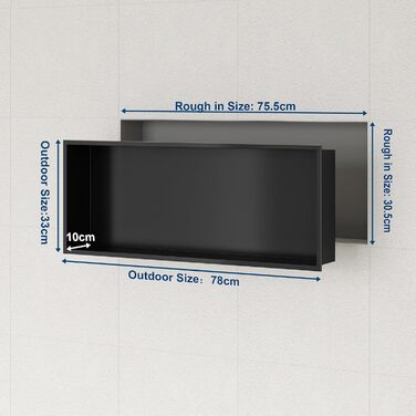 Neodrain Wall Niche Shower Stainless Steel Shower Niche Single Shelf Storage for Bathroom Brushed (Black, 75 x 30 cm)