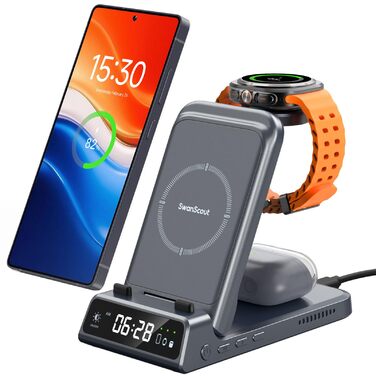 Бездротова зарядка SwanScout 703S 3-в-1 для Samsung Galaxy S25/S24/Fold 7, Watch 8/8 Classic/Ultra та Buds (Технічний сірий)