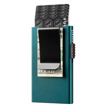 Чоловічий картхолдер VULKIT з RFID-захистом та Pop-Up системою, мінімалістичний тонкий гаманець зі сталевою затискачею для купюр (Смарагдово-зелений)