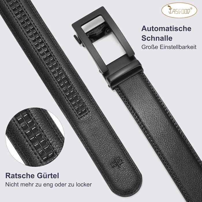 Чоловічий шкіряний ремінь JasGood з автоматичною застібкою, ширина 35 мм, чорний, 130 см (для талії 101-115 см)