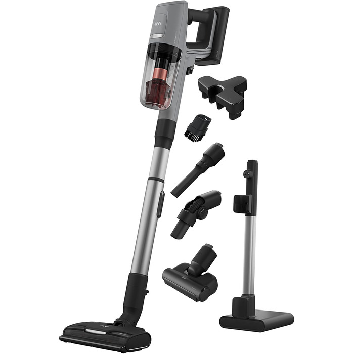 Пылесос AEG ANIMAL 8000 AP81AB25UG: аккумуляторный, 5-ступенчатая фильтрация, цифровая панель, насадки для шерсті тварин та для різних поверхонь, сірий