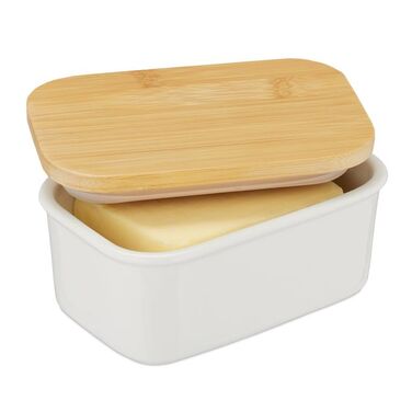 Relaxdays Butter Dish Ceramic & Bamboo