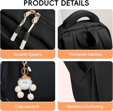 Шкільний рюкзак для дівчинки-підлітка 2025, рюкзак для школи/гімназії, рюкзак Kawaii для старшої школи з відділенням для 15.6' ноутбука, повсякденна шкільна сумка для подорожей, 22L, чорний