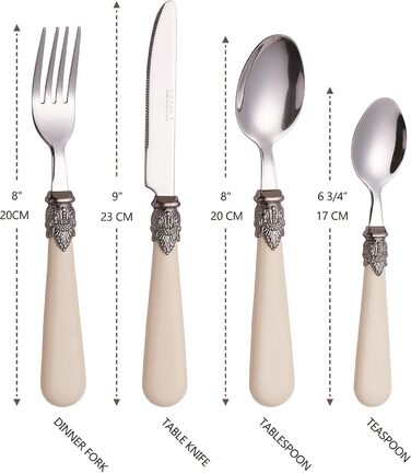 EXZACT Ivory Cream Flatware Set, 24 Pieces, Stainless Steel with Detailed Handle, Traditional, Elegant, Vintage Style/Antique (WF28-24CRM)