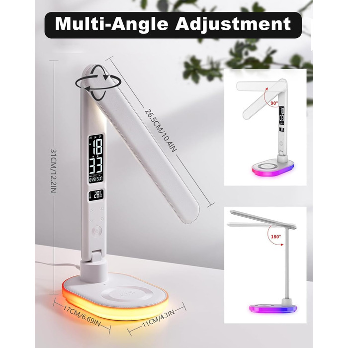 Настільна лампа CCHKFEI з регулюванням, годинником, LED-дисплеєм, бездротовим зарядним пристроєм 10W та USB-портом, 3 режими кольору, датчиком температури та RGB-підсвічуванням для читання, дому та офісу