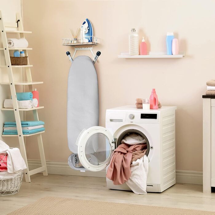 Настінна підставка для прасувальної дошки MOREE з великим дерев'яним кошиком | Підставка для прасувальної дошки та праски | Легке підвішування прасувальної дошки | Практична для пральні та дому, білий