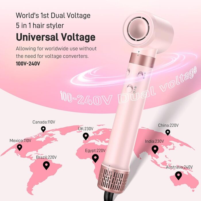 Фен-стайлер 5-в-1 для волосся з іонізацією, набір з насадками, швидка сушка, локони, випрямлення, об'єм, без пошкодження волосся, 100–240V, з сумкою, рожевий