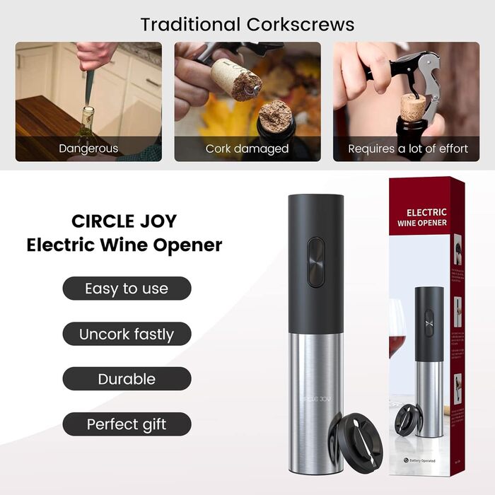 Електричний відкривачка вин CIRCLE JOY - автоматичний штопор з ножем для фольги, нержавіюча сталь