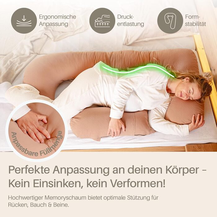 Подушка для вагітних та годування XL з піни Memory Foam, бавовняний чохол, коричнева