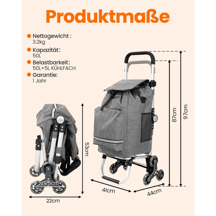 Складаний візок для покупок Homecall 50L з охолодженням, 3-в-1: візок, сумка на колесах, тачка (темно-сірий, сходинкові колеса)