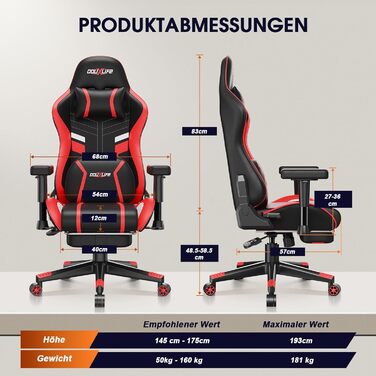 Ігровий крісло Douxlife з функцією масажу та підігрівом, ергономічний офісний крісло з підставкою для ніг, регулювання 90°-175°, м'які 2D підлокітники, геймерське крісло для ПК, 181 кг, (Червоний)