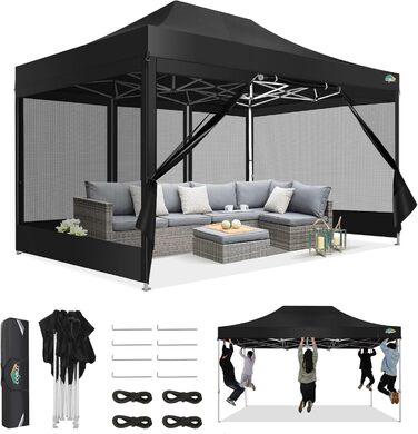 COBIZI Pavilion 3x3m Foldable, Waterproof & Winter-Proof – Stable Garden Tent with 23mm Steel Tube, UV50+ and Mosquito Nets for Camping/Parties + Carry Bag (Black, 3mx4.5m)