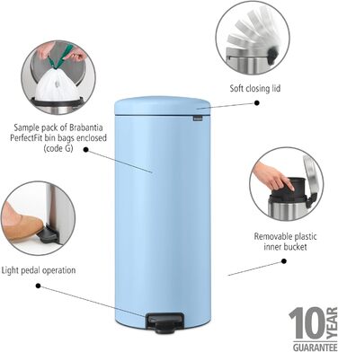 Відро Brabantia NewIcon 30L з м'яким закриттям кришки, педальним приводом та знімним внутрішнім відром (29 x 38 x 68 см, Dreamy Blue)