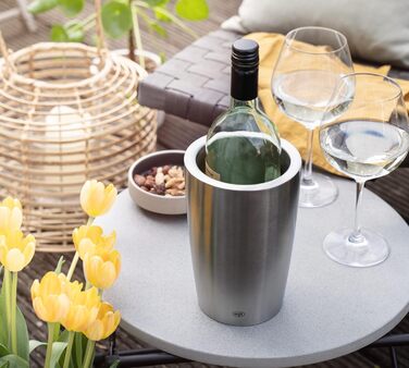 alfi SECCO, stainless steel bottle cooler for 0.70 to 1L bottles, wine, sparkling wine. Keeps drinks cool without condensation or ice cubes, ensuring chilled drinks to the last drop. Dishwasher-safe, BPA-free.