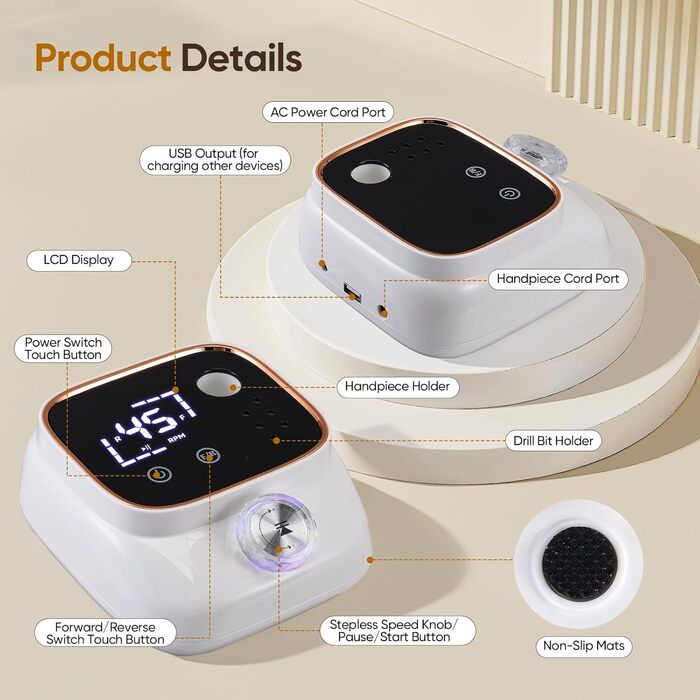 Електрична машинка для манікюру та педикюру з LCD-дисплеєм, 45000 об/хв, 56 шліфувальних стрічок, 11 свердл, USB-станція зарядки