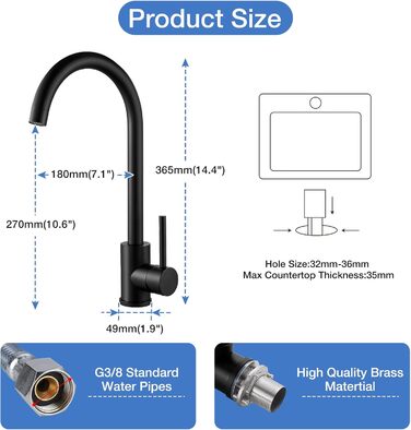 Чорний кухонний змішувач з нержавіючої сталі 304, поворотний вилив, моно-змішувач, стандарт UK, матовий чорний
