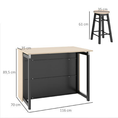 HOMCOM Bar Table with Bar Stool Set, 3-Piece Bar Table Set, Dining Table with Folding Tabletop, Kitchen Table with Cabinet, Dining Set for Dining Room, Living Room, Black | Aosom
