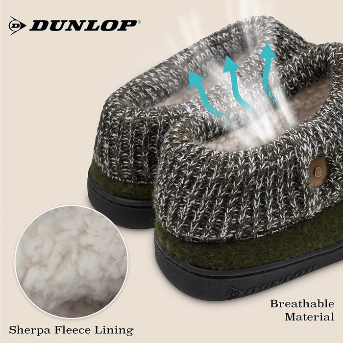 Чоловічі халапи DUNLOP з флісовою підкладкою Sherpa та піною Memory Foam, неслизькі тапочки для дому, 42 EU, хакі